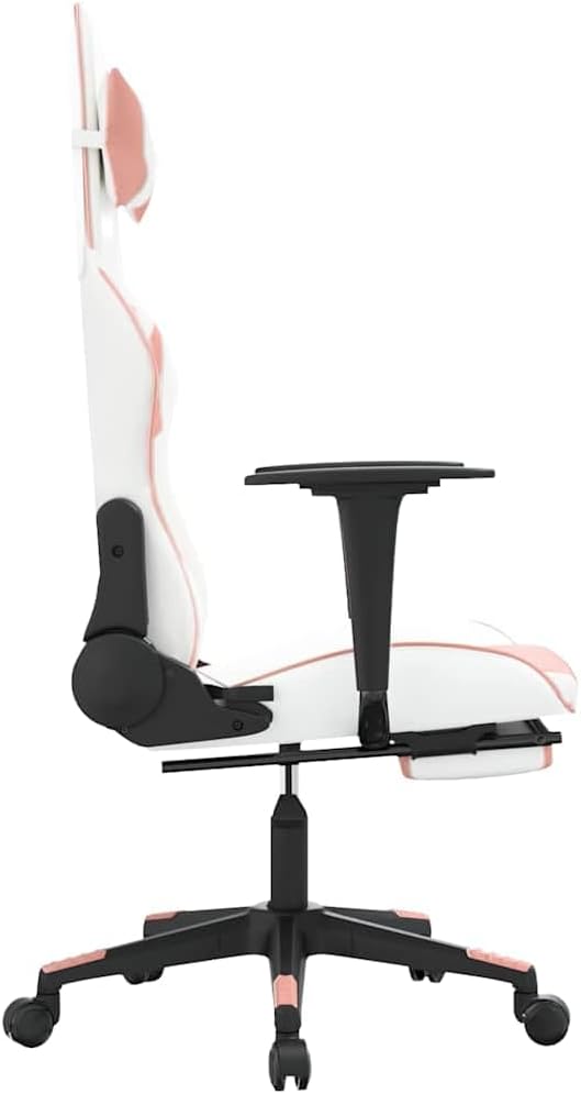 Massage Gaming Chair White &amp Pink Faux Leather Reclining Computer Desk Chair with Lumbar Massage Retractable Footrest Ergonomic Swivel Design for Adults
