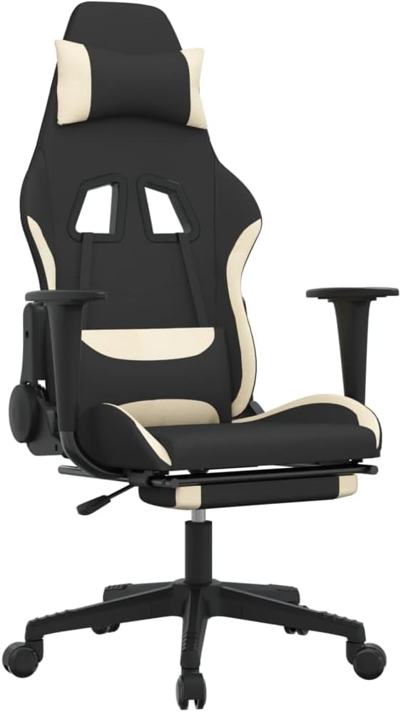 Gaming Chair with Footrest Black and Cream Fabric