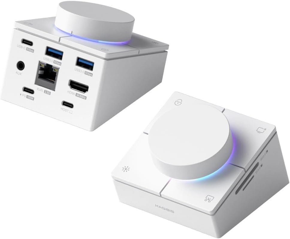 Hagibis Knob USB C Hub with Shortcut Buttons RGB Type-C Docking Station with 4K@60Hz HDMI 100W PD 5Gbps USB-C 2 USB3.0 2.5G RJ45 AUX SD3.0 Micro SD3.0 for MacBook iPad Pro Laptop (White 2.5G)