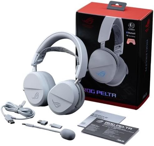 ASUS ROG Pelta Wireless Gaming Headset with Detachable Mic – Tri-Mode (BT 2.4GHz USB-C) 50mm Titanium-Plated Drivers 70Hr Battery Ergonomic Lightweight for PC PS5 PS4 Switch Mobile - White