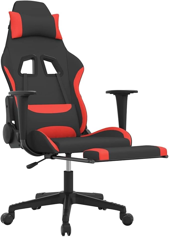 Ergonomic Massage Gaming Chair with Retractable Footrest Black and Red Fabric Reclining Computer Office Desk Chair for Adults
