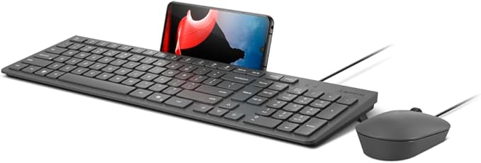 Lenovo 310 USB-A Wired Keyboard Mouse Combo Quiet Keys Ultra-Slim Gaming Design Spill-Resistant Integrated Phone Stand Compatible w Laptop PC Tablet – Ergonomic Mouse Mechanical Keyboard USB
