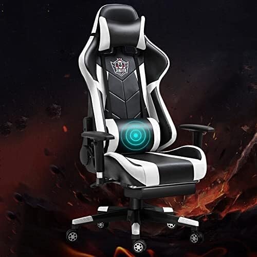 Gaming Chair with Massage Lumbar Support Racing Office Chair with Retractable Footrest Adjustable Armrest Swivel Task Chair for Adults Heavy Duty PU Leather(Blue)