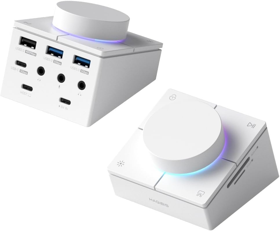 Hagibis Knob USB C Hub with Shortcut Buttons RGB Type-C Docking Station with 5Gbps USB-C 2 USB3.0 3.5mm Jack SD/Micro SD3.0 USB2.0 for MacBook iPad Pro Laptop (White AG)