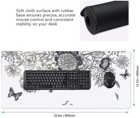 Peony Butterfly Large Mouse Pad Gaming Mousepad with Wrist Support Rubber Computer Keyboard Mat for Desk Laptop Non-Slip Full Deskmat Protector Waterproof Writing Pad Office Home 16x35.5 in