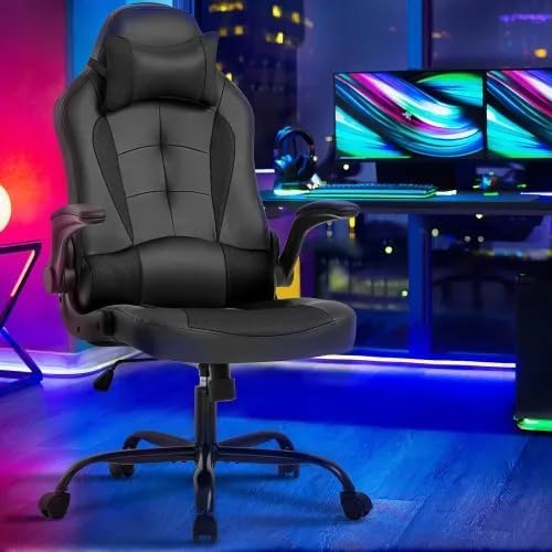Gaming Desk Chair PC Gaming Chair Gamer Chair Comftorable Ergonomic PU Leather Computer Office Chair with Lumbar Support Flip Up Arms High Back Executive Gaming Stuff for Girl Kids Adults (Black)