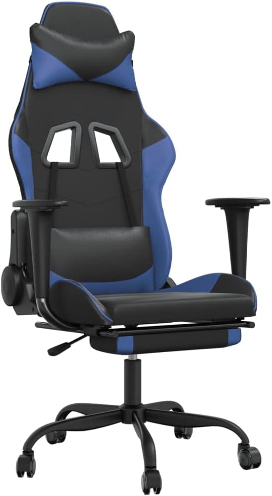 SKM Massage Gaming Chair with Footrest Black&ampBlue Faux Leather (16.4 KG/36.08 LBS)