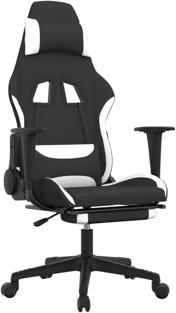 Massage Gaming Chair with Footrest and Lumbar Support Computer Chair Height Adjustable Game Chair with 360°-Swivel Seat and Headrest Black and White Fabric