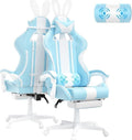 Light Blue Gaming Chair with Bunny Ears Cute Gamer Chair with Footrest and Massage Racing Reclining Leather Chair