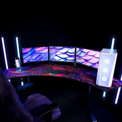 Arozzi Arena Angelo UltrawideFull Surface Water Resistant Desk Mat 3 Custom Monitor Mount Cut Outs and Under The Desk Cable Management (Crawling Chaos)