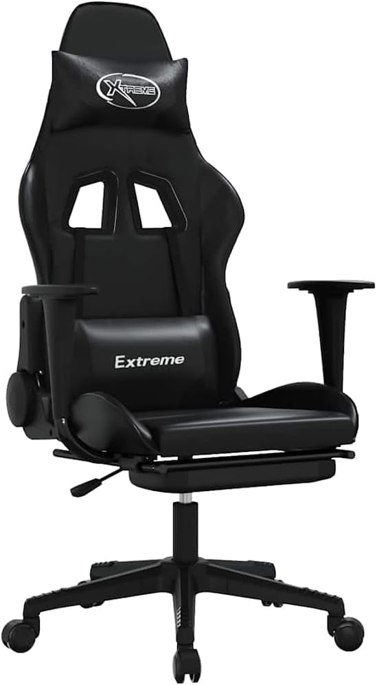 Massage Gaming Chair with Footrest Black Faux Leather Reclining Office Chair 4D Adjustable Ergonomic Support