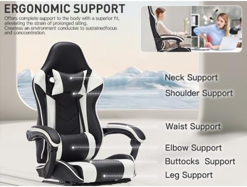 extrasleep Video Game Chairs with Footrest Ergonomic Gaming Chair for Adults with Massage Lumbar Support Adjustable Backrest Computer Gaming Chair Leather Desk Chair Black White