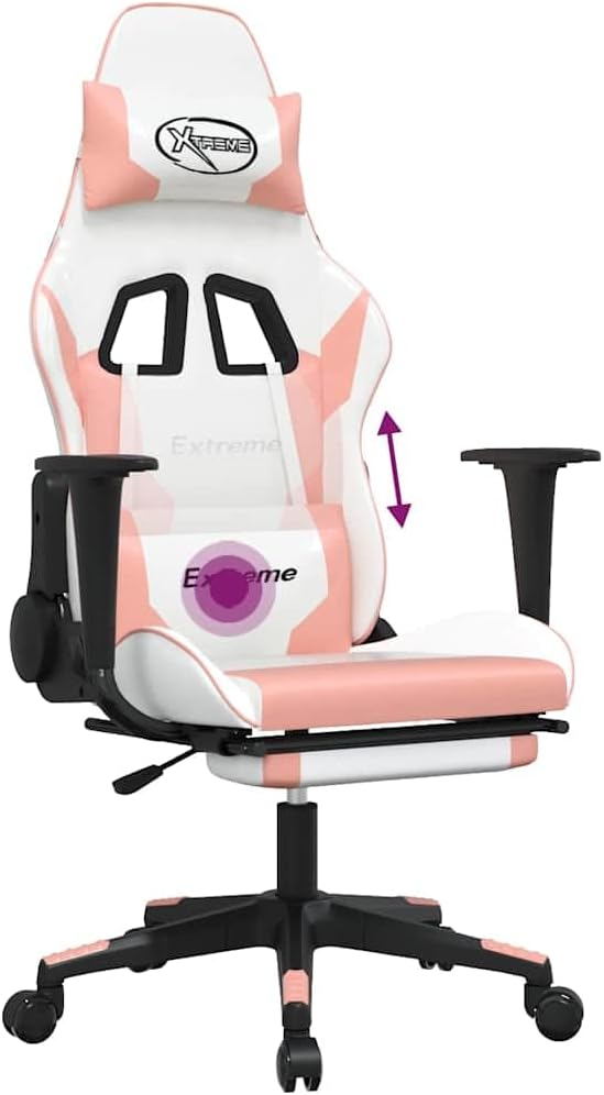 vidaXL Massage Gaming Chair for Adult Reclining Computer Chair with Footrest and Headrest Height Adjustable Office Chair with 360°-Swivel Castors White and Pink Faux Leather