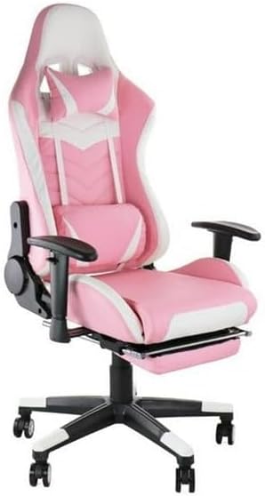 Ergonomic Gaming Chair with Footrest Adjustable Reclining Gamer Chair with Lumbar and Head Pillow Support Swivel Office Gaming Chair with Pleather Upholstery High-Back Chair (Pink)