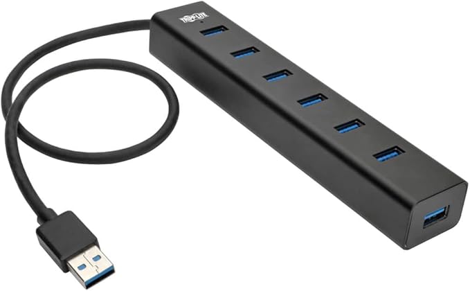 Tripp Lite 7-Port USB-A Mini Hub - USB 3.2 Gen 1 Up to 5 Gigabits per Second Strong Aluminum Housing International Plug Adapters for UK EU Australia - 1-Year Warranty (U360-007-AL-INT)