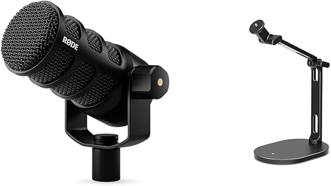 RØDE PodMic USB Versatile Dynamic Broadcast Microphone with XLR and USB Connectivity for Podcasting &amp DS2 Desktop Studio Arm for Microphones Cameras Smartphones Lights and Other Accessories