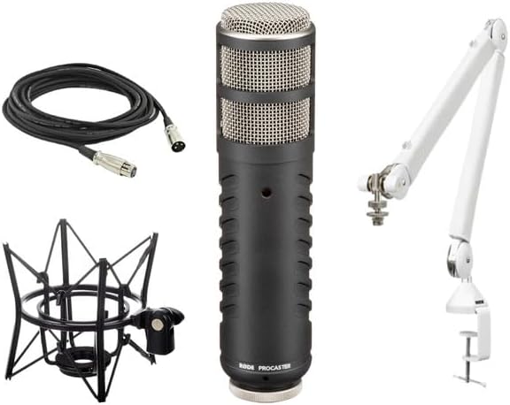 Rode Procaster Cardioid Dynamic Broadcast Microphone with PSA1+ Microphone Boom Arm White PSM1 Shockmount and XLR Cable
