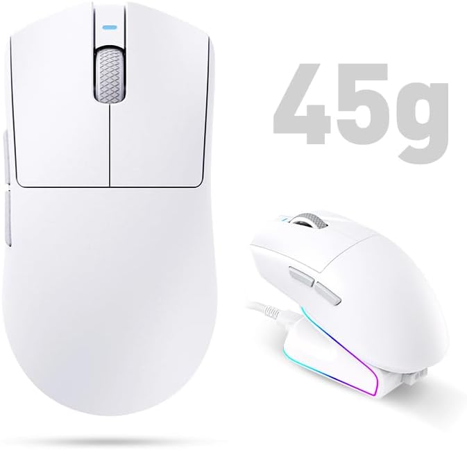 Tri-Mode Wireless Gaming Mouse with RGB Charging Dock 45g Ultra-Light PAW3311 Sensor 12000 DPI 2.4G Dongle + Bluetooth + USB-C Wired 1K Polling Rate Programmable Gaming Mouse for PC Mac Laptop
