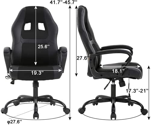 Racing Gaming Chair Ergonomic Video Game Chair with Massage Lumbar Support Headrest Armrest High-Back Adjustable PU Leather Rolling Swivel Computer Desk Chair for Home Office (Black)