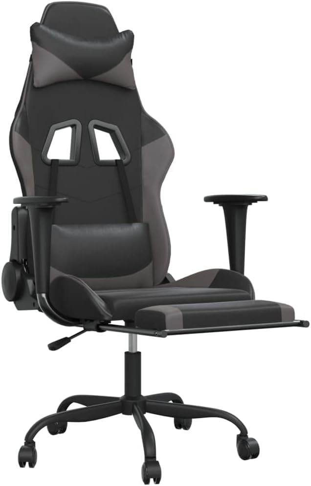 Massage Gaming Chair with Footrest Black&ampGray Faux Leather Gaming Chair with Ergonomic Design Adjustable Features - for Gamers and Office Use