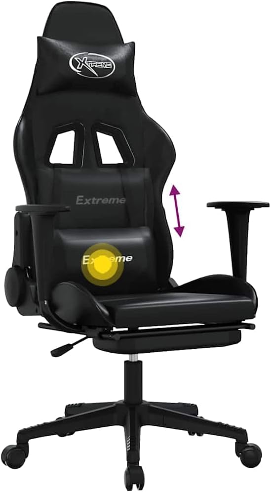 Massage Gaming Chair with Footrest - Faux Leather Reclining Ergonomic Desk Office Computer Game Chair with Lumbar Support &amp Adjustable Height Black