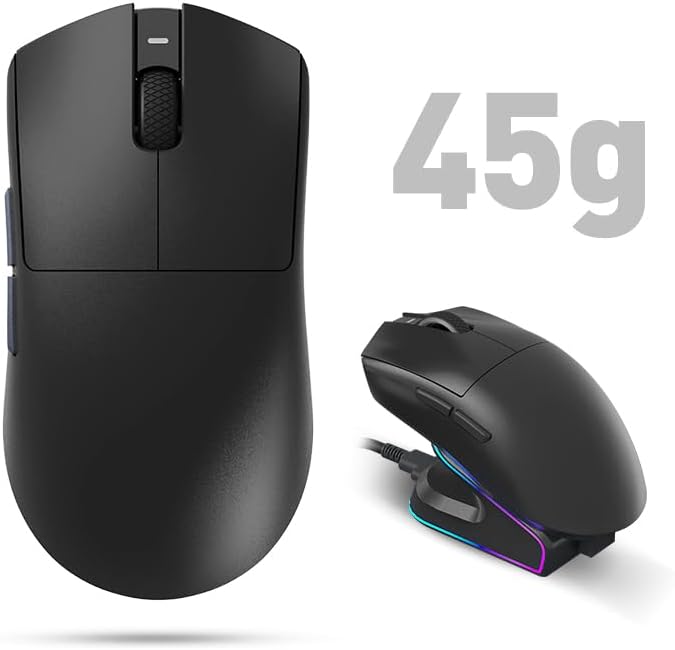 Tri-Mode Wireless Gaming Mouse with RGB Charging Dock 45g Ultra-Light PAW3311 Sensor 12000 DPI 2.4G Dongle + Bluetooth + USB-C Wired 1K Polling Rate Programmable Gaming Mouse for PC Mac Laptop