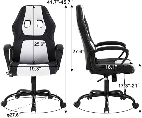 White Gaming Chair Ergonomic Video Game Chair with Massage Lumbar Support Headrest Armrest High-Back Adjustable PU Leather Rolling Swivel Computer Desk Chair for Home Office (White)