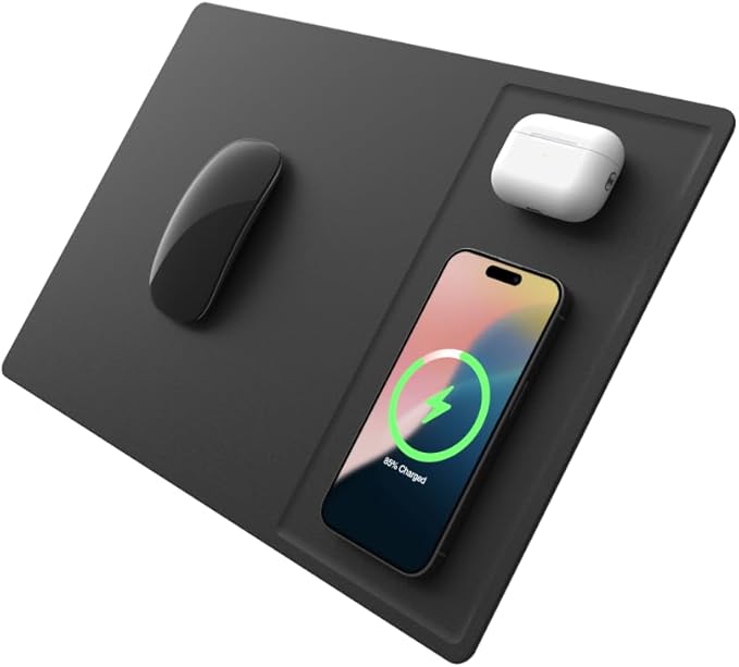 POUT H3 PRO Dual Qi Wireless Charging Mouse Pad – Dual Fast Wireless Chargers for Smartphones and Earbuds – Smooth Surface with Anti-Slip Base for Home and Office Use (Cold Black)