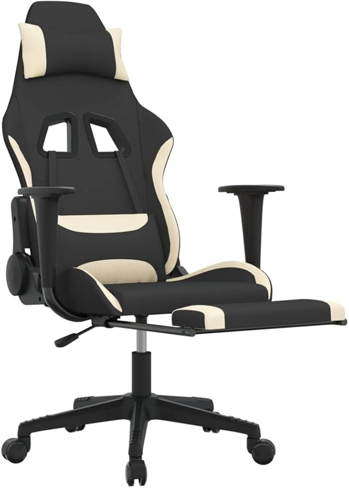 Gaming Chair with Footrest Black and Cream Fabric