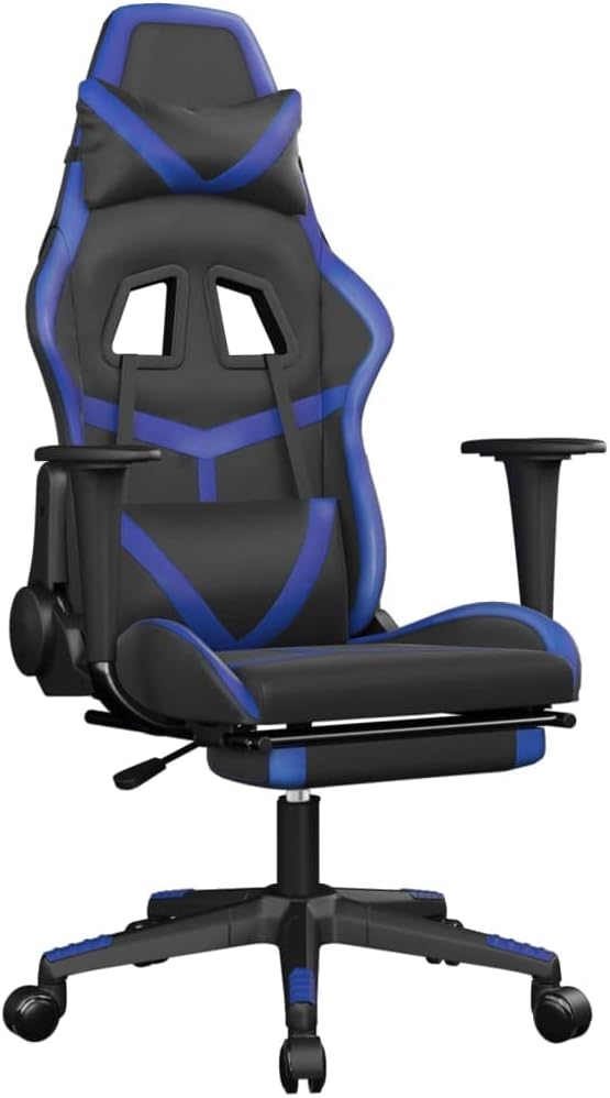 YAFF Massage Gaming Chair with Footrest Black&ampBlue Faux Leather-5434