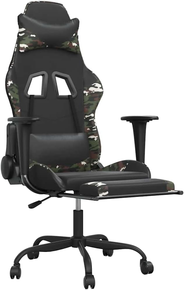 Gaming Chair Black and Camouflage Faux Leather with Massage Function and 360-Degree Swivel Height Adjustment Comfortable Footrest Sturdy Metal and Plywood Frame for Home