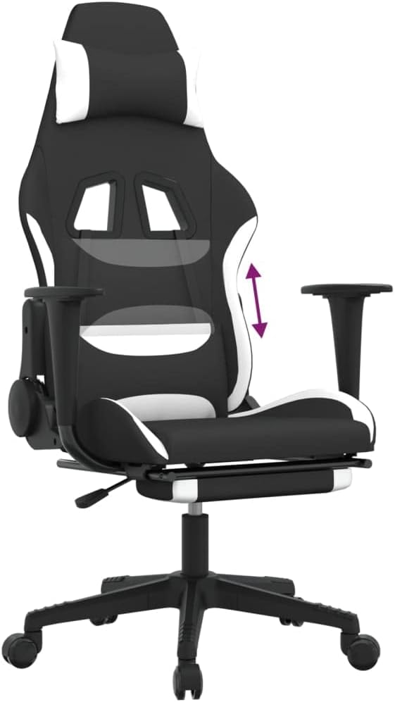 Ergonomic Gaming Chair with Adjustable Armrests Footrest Swivel Function Polyester Fabric Black and White