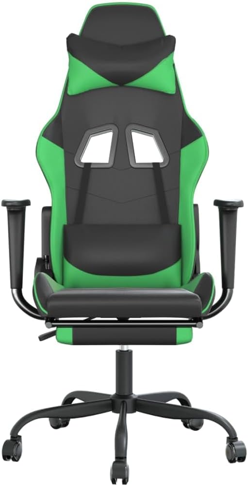 YAFF Massage Gaming Chair with Footrest Black&ampGreen Faux Leather-5414