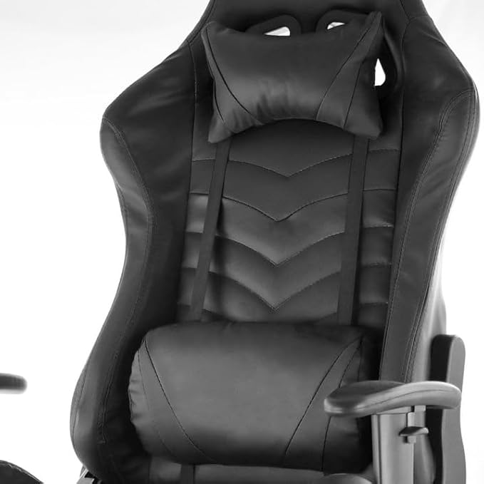 Ergonomic Gaming Chair with Footrest Adjustable Reclining Gamer Chair with Lumbar and Head Pillow Support Swivel Office Gaming Chair with Pleather Upholstery High-Back Chair (Black)