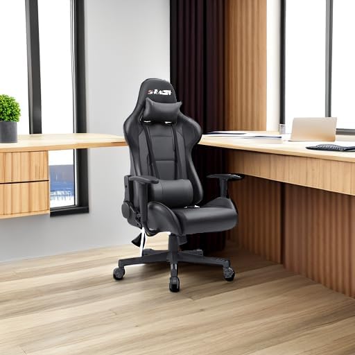 Homall Gaming Chair Office Chair High Back Computer Chair Leather Desk Chair Racing Executive Ergonomic Adjustable Swivel Task Chair with Headrest and Lumbar Support (Dark Black)