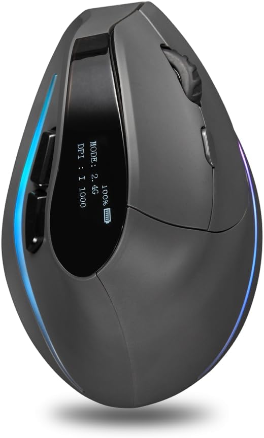 zelotes Bluetooth Wireless Vertical Mouse with DisplayRechargeableDual Mode (BT 5.0/3.0 + 2.4G USB Receiver)4000 DPI(5-Level Adjustable)Optical Portable Ergonomic Mouse for PCLaptopTabletsBlack