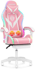 RGB Gaming Chair with LED Lights Massage Ergonomic Video Game Chairs with Footrest High Back Reclining Computer Chair with Lumbar Support Adjustable Footrest Pink and White