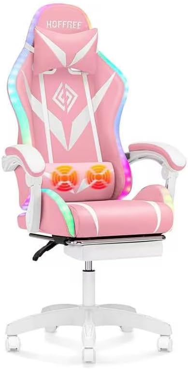 RGB Gaming Chair with LED Lights Massage Ergonomic Video Game Chairs with Footrest High Back Reclining Computer Chair with Lumbar Support Adjustable Footrest Pink and White