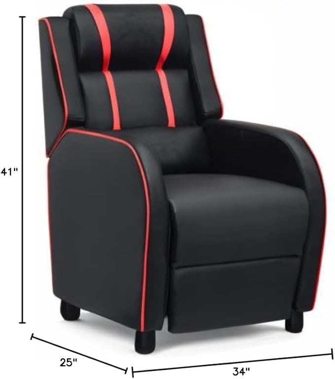8AM Office Gaming Massage Recliner Sofa Ergonomic PU Leather Gaming Recliner Sofa with Footrest Lumber Support Side Pouch &amp Remote Control for Gaming Living Room Theater (Red)