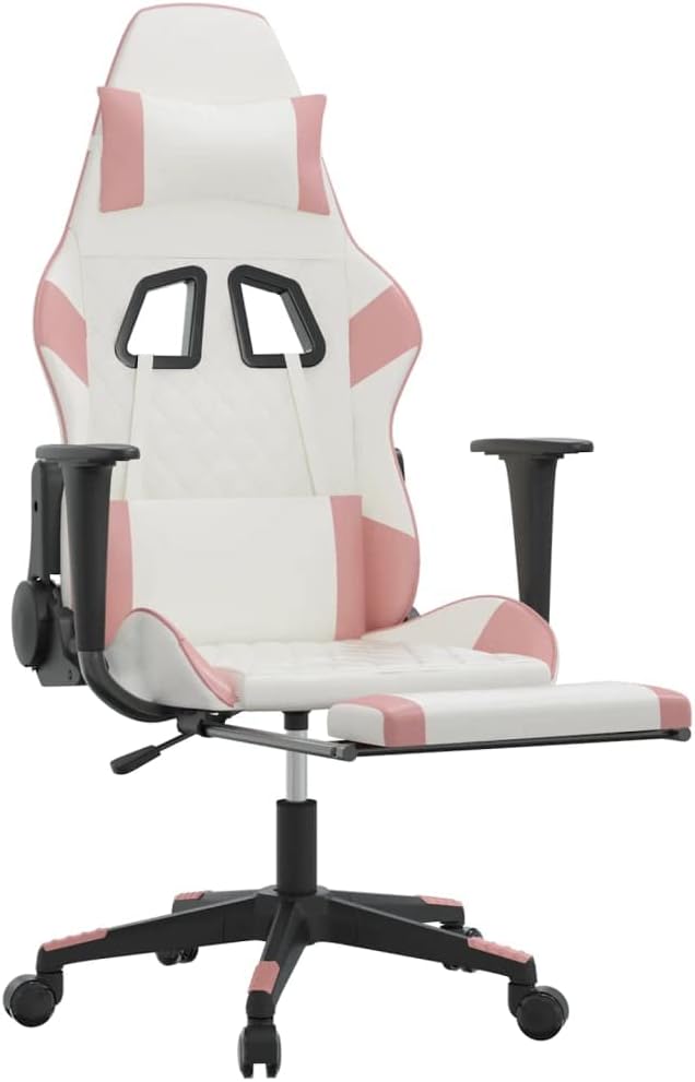 Massage Gaming Chair with Footrest and Lumbar Support Computer Chair Height Adjustable Game Chair with 360°-Swivel Seat and Headrest White&ampPink Faux Leather