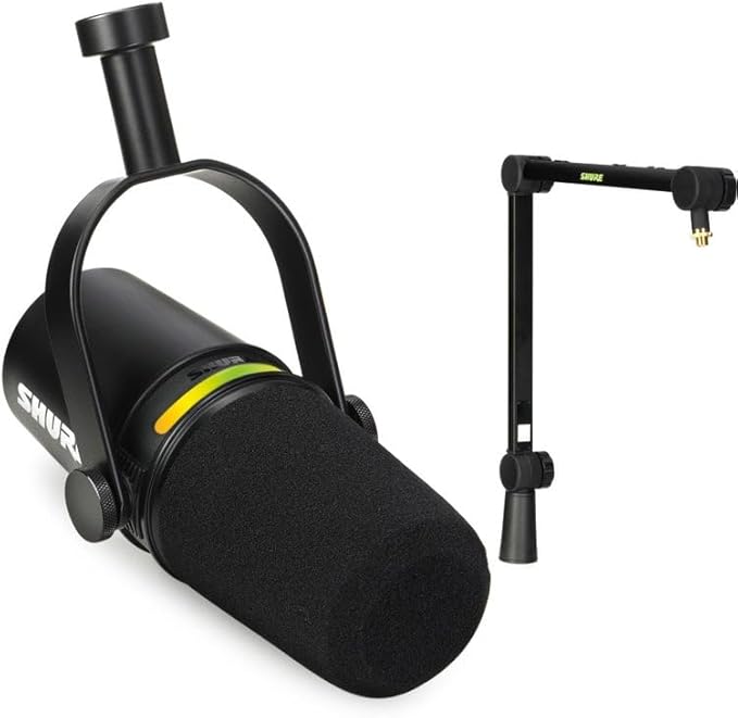 Shure MV7+ Podcast Dynamic Microphone with Articulating Desktop Boom Arm. OBS Certified Enhanced Audio LED Touch Panel USB-C &amp XLR Outputs Auto Level Mode Digital Pop Filter Reverb -Black
