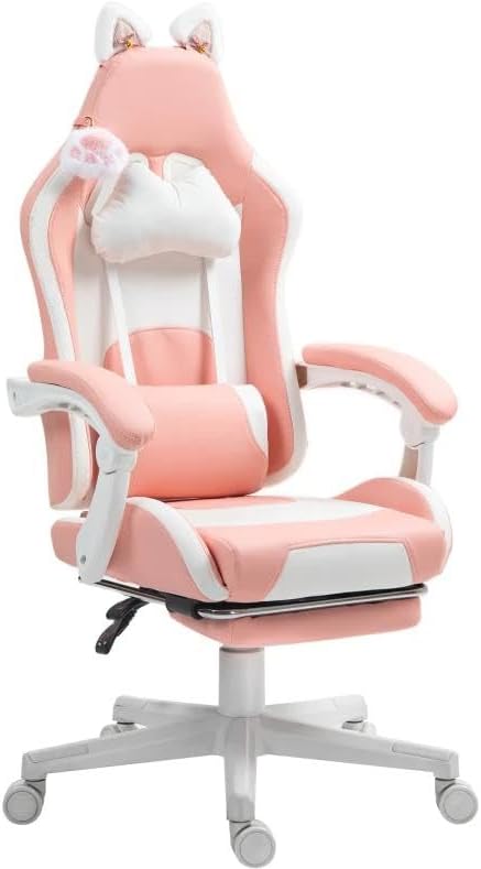 Cute Cat Ears Gaming Chair Girly Ergonomic Computer Chair with High Back 360° Swivel Office Computer Chair with Footrest and Paw Lumbar Cushion for Teens Girls Women (Pink White)