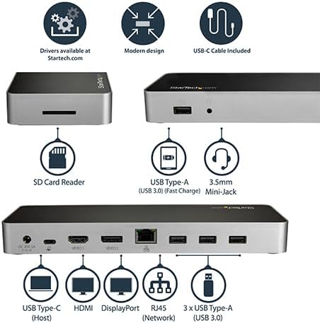 StarTech USB C Dock - Dual Monitor HDMI &amp DisplayPort 4K 30Hz - Laptop Docking Station 60W Power Delivery SD 4-Port USB-A 3.0 Hub GbE Audio - Thunderbolt 3 Compatible (DK30CHDDPPD)