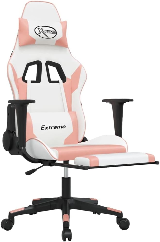 Massage Gaming Office Chair with Footrest Faux Leather Massage Office Chair Ergonomic Desk Chair Rolling Swivel Adjustable PC Computer Chair for Women Adults Girls(White&ampPink) -AA