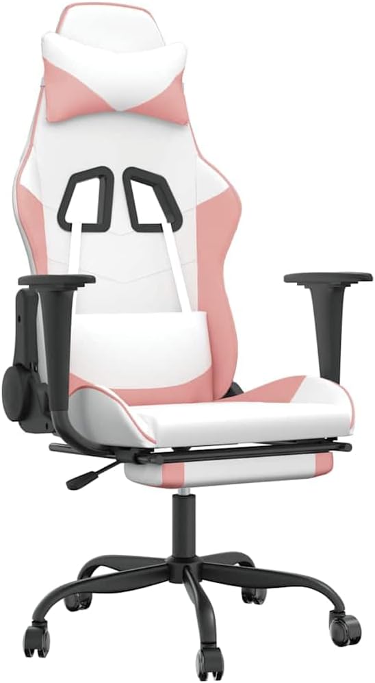 White and Pink Gaming Chair with Massage Function and Adjustable Armrests Ergonomic Swivel Recliner with Memory Foam Cushion for Home Office and Gaming Setup