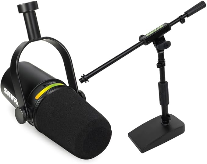 Shure MV7+ Podcast Dynamic Microphone with Low Profile Mic Stand. OBS Certified Enhanced Audio LED Touch Panel USB-C &amp XLR Outputs Auto Level Mode Digital Pop Filter Reverb -Black