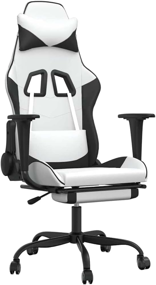 vidaXL Massage Gaming Chair for Adult Reclining Computer Chair with Footrest and Headrest Height Adjustable Office Chair with 360°-Swivel Castors White and Black Faux Leather