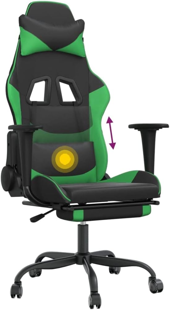 YAFF Massage Gaming Chair with Footrest Black&ampGreen Faux Leather-5414
