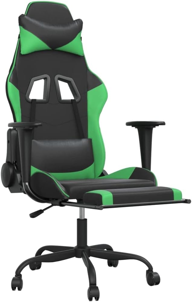 YAFF Massage Gaming Chair with Footrest Black&ampGreen Faux Leather-5414