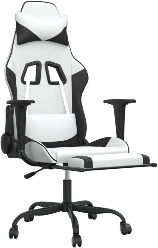 Massage Gaming Chair with FootrestFaux Leather Computer Game ChairMassage Office ChairErgonomic Desk Chair PC Gaming Chair for Adults Teens(White&ampBlack)